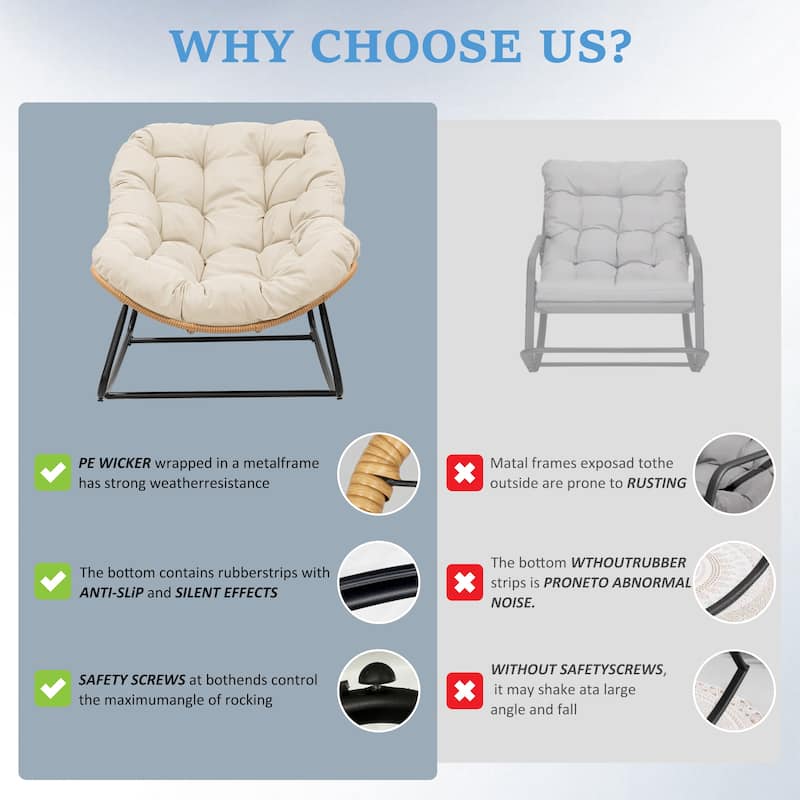 Outdoor Papasan Rocking Chair, Patio Chair Indoor Egg Royal Rattan Rocking Chair with Cushion - 33" W x 16.1" D x 29.9" H