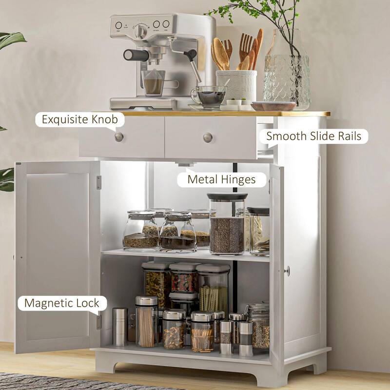 Kitchen Storage Cabinet with Solid Wood Top,Adjustable Shelf,2 Drawers