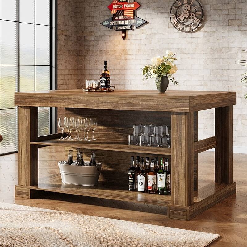 55-Inch Large Home Bar Unit, 3-Tier Pub Table with Storage Shelves - N/A - Dark Brown