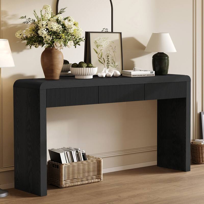 Rustic 52.9" Console Table with 3 Fluted Drawers and Solid Wood Veneer for Entryway Display and Storage