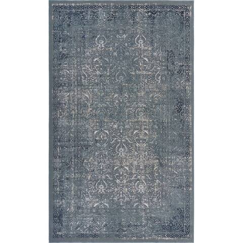 LR Home Carved Transitional Damask Polyester Area Rug, Blue and Silver