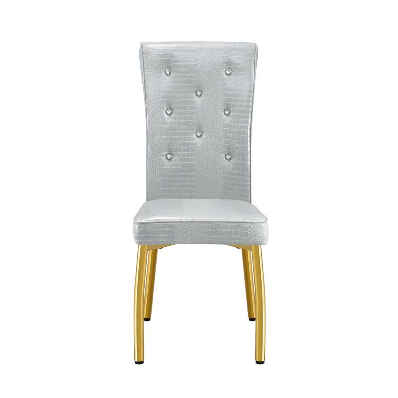 A set of 2 vintage crocodile leather cushioned dining chairs, featuring crystal clasp design and artificial leather design