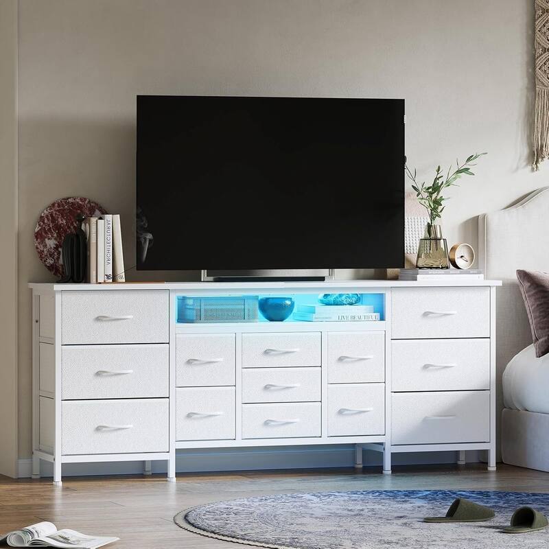 70 Inch Long Dresser TV Stand with 13 Chest of Fabric Drawers, Power Outlets and LED Lights - White