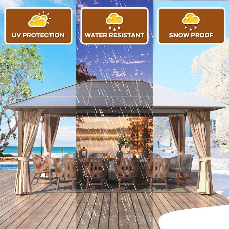 Hardtop Gazebo for Backyard – Permanent Pergola with Netting, Curtains & Double Roof, All-Weather Outdoor Shelter