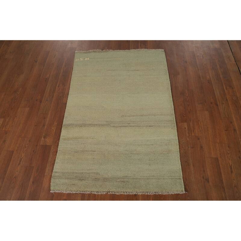Modern Gabbeh Oriental Foyer Rug Hand-Knotted Green Wool Carpet - 2'7"x 4'0"