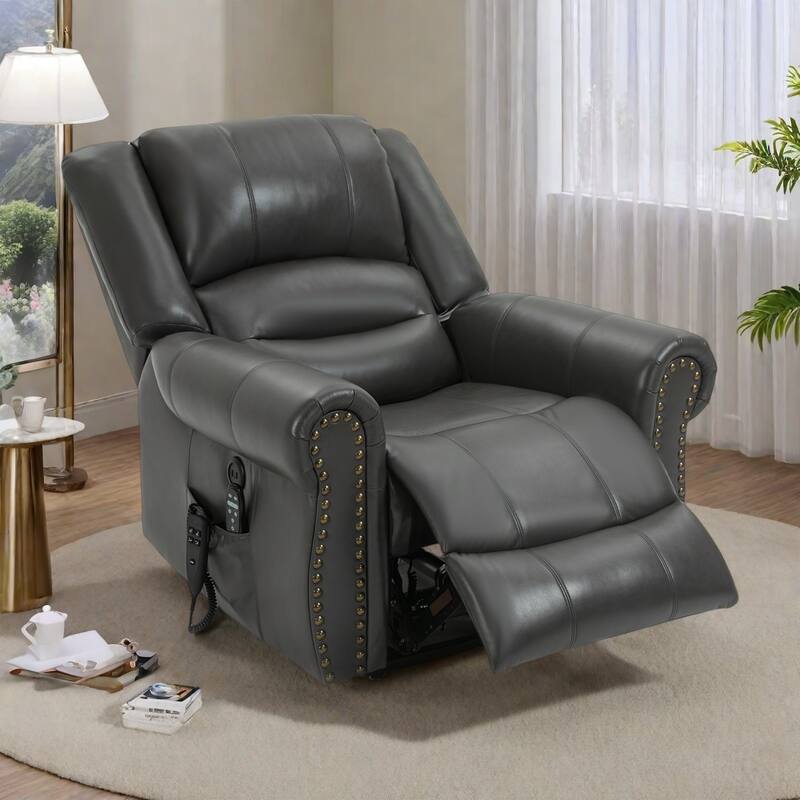 Electric Lift Recliner with Dual Motors, Massage and Heat, USB Charging and Storage - Grey