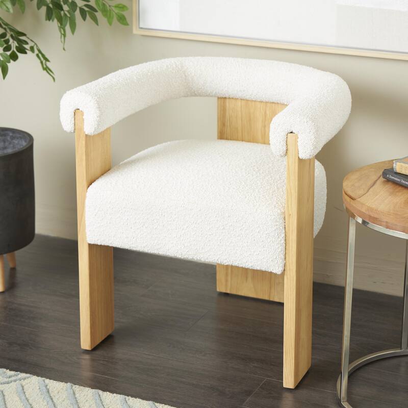 Cream Polyester Curved Back Mid Century Modern Round Boucle Living Room Accent Chair with Brown, Light Brown or Black Wood Frame