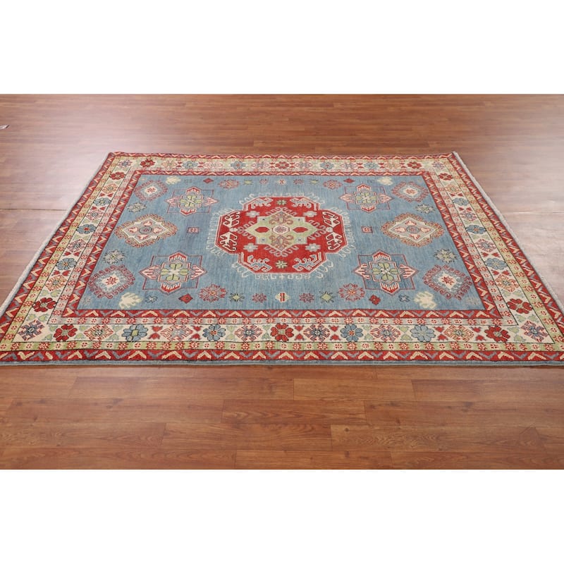 Blue Geometric Kazak Oriental Area Rug Handmade Floral Wool Carpet - 5'2" x 6'3"