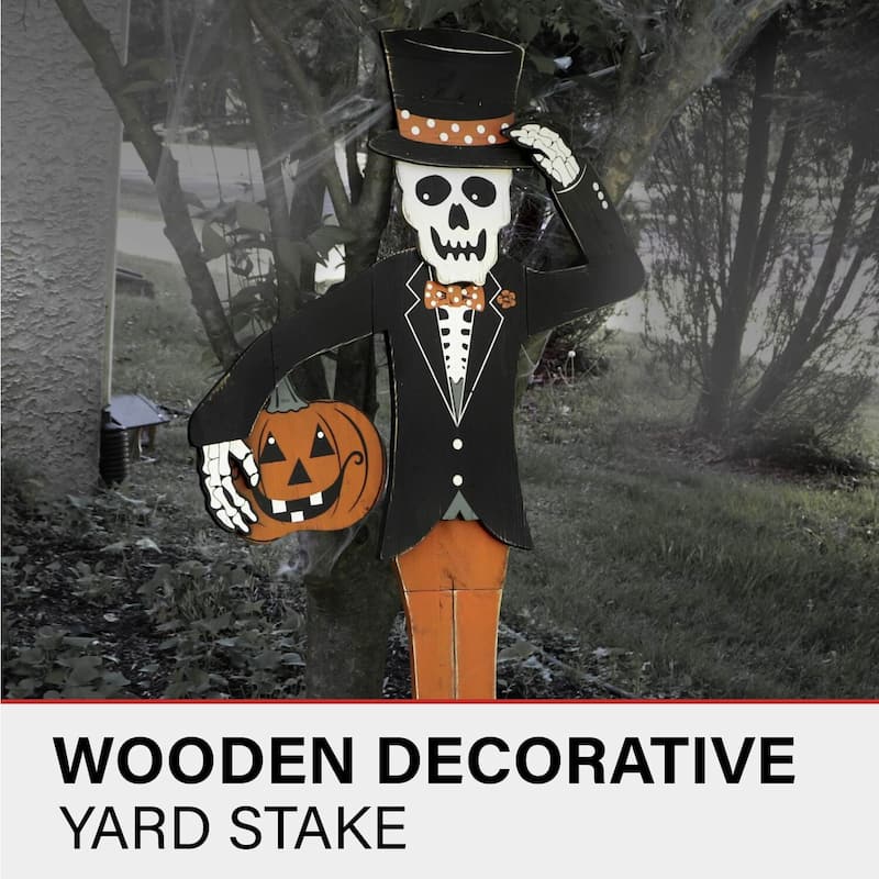 Haunted Hill Farm 46-In. Skeleton Holding a Carved Pumpkin Wood Yard Stake for Halloween Decoration