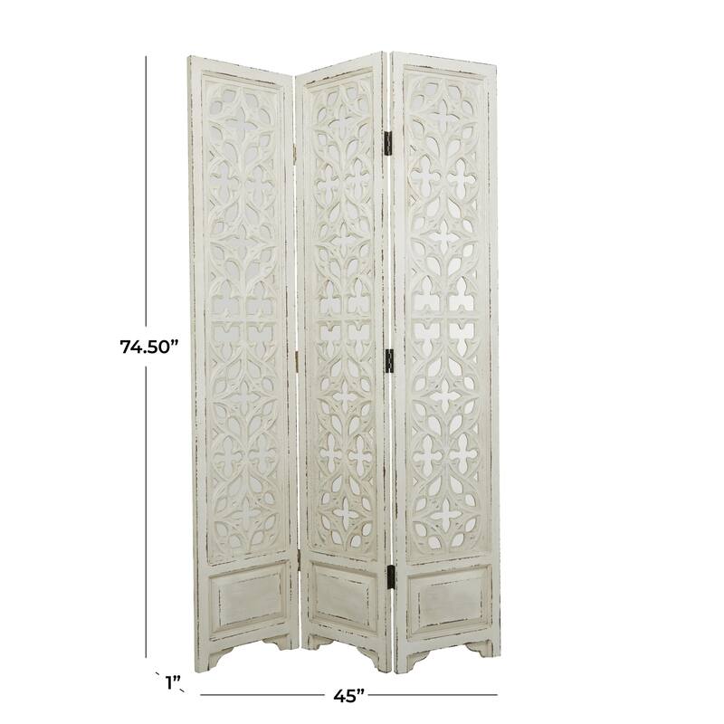 White Wood Hinged Foldable Partition 3 Panel Floral Room Divider Screen with Intricately Carved Designs - 45 x 1 x 75