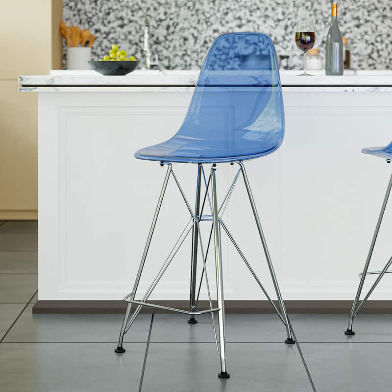 Cresco Modern Acrylic Steel Frame Barstool with Built-In Footrest for Kitchen Island Home Bar or Dining Room Seating