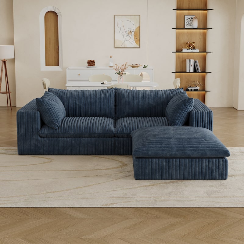 Corduroy Loveseat & Ottoman Set, L-shaped Sectional Sofa with Double-layer Seat Cushions, Modular Chaise Lounger Couch - Blue