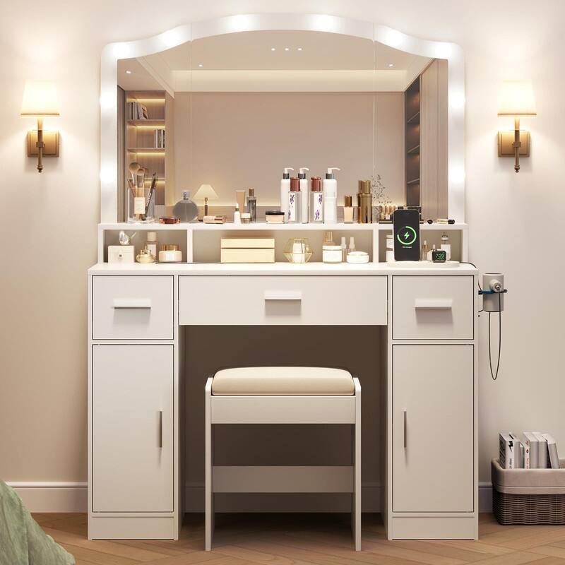 Makeup Vanity Desk with Mirror, Drawers, Cabinets, Charging Station, Stool - White