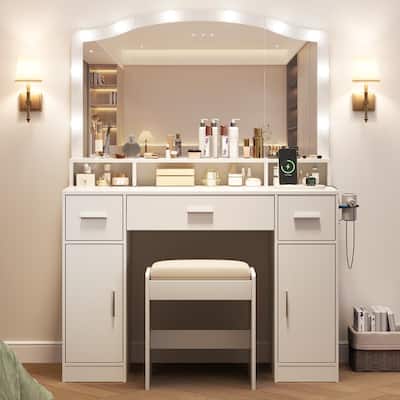 Makeup Vanity Desk with Mirror, Drawers, Cabinets, Charging Station, Stool