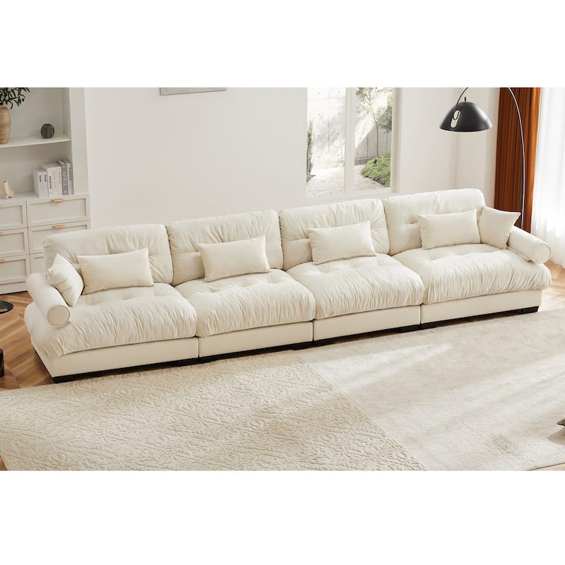 166" Velvet 4-Seater Sofa, Bolster Arms and High-Resilience Cushions - Cream