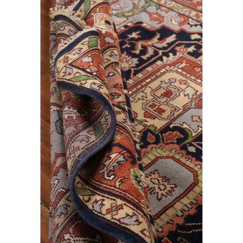 Navy Blue Orange Heriz Serapi Indian Area Rug Hand-Knotted Wool Carpet - 8'10" X 11'9"