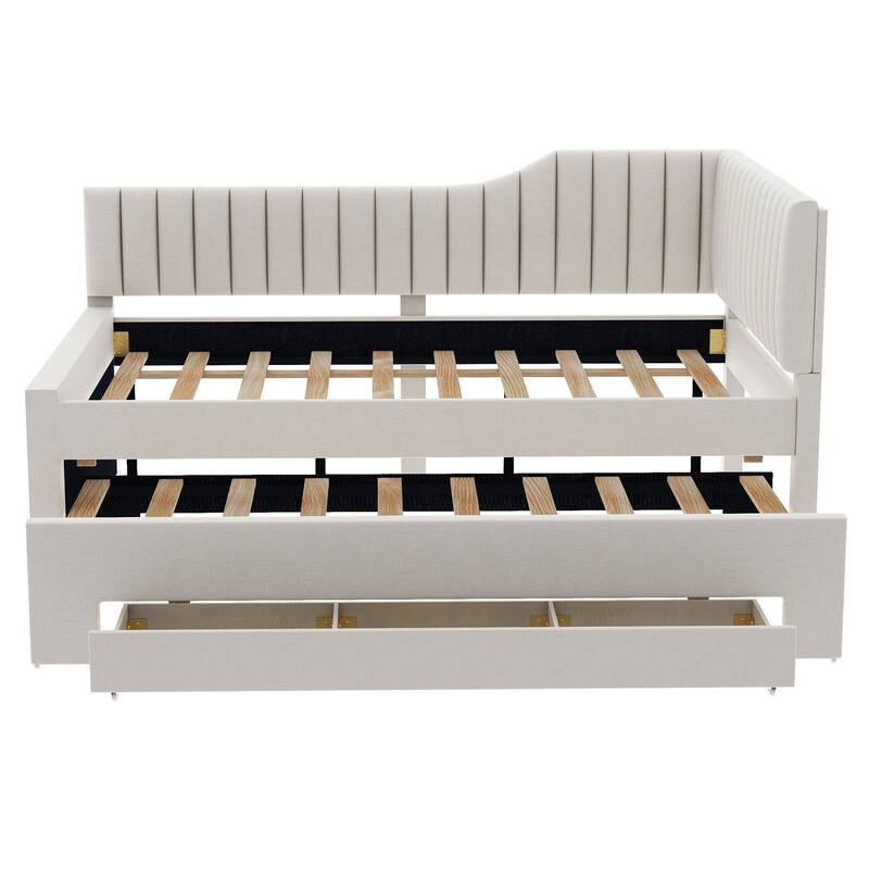 Upholstered Linen Bed Frame, Full Size Daybed with Pull-out Trundle and Storage Three Drawers for Bedroom/Apartment