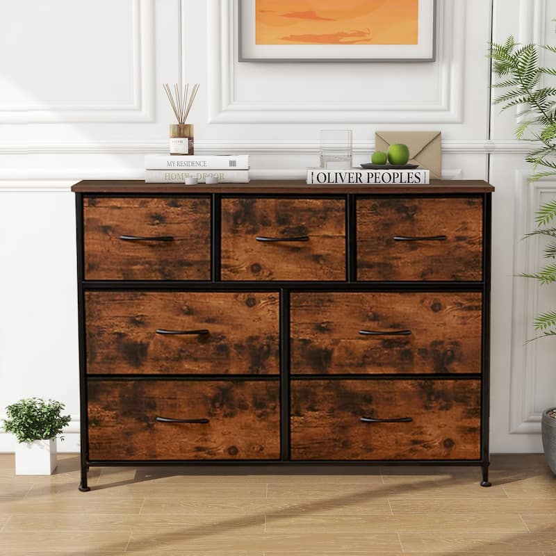 Freestanding 7-Drawer Chest of Drawers Chest Tower TV Stand with Wood Top for Closet Bedroom - Espresso