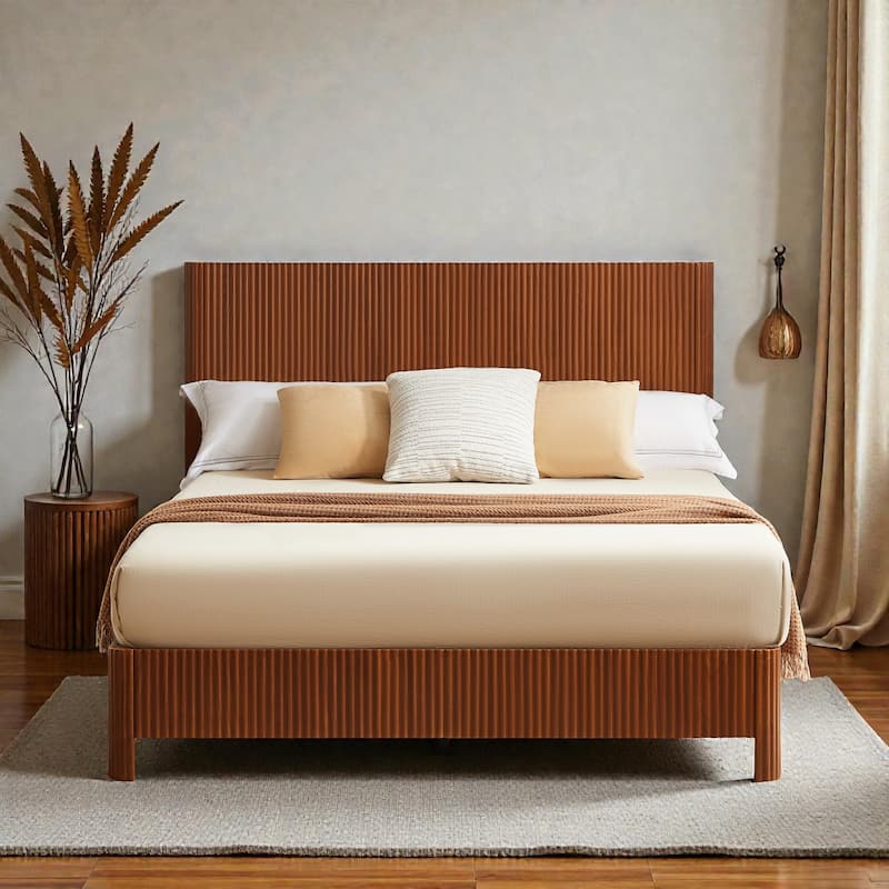 Wood Bed Frame with Corrugated Curved Wood Panels, Heavy Duty Metal Support, No Box Spring Needed