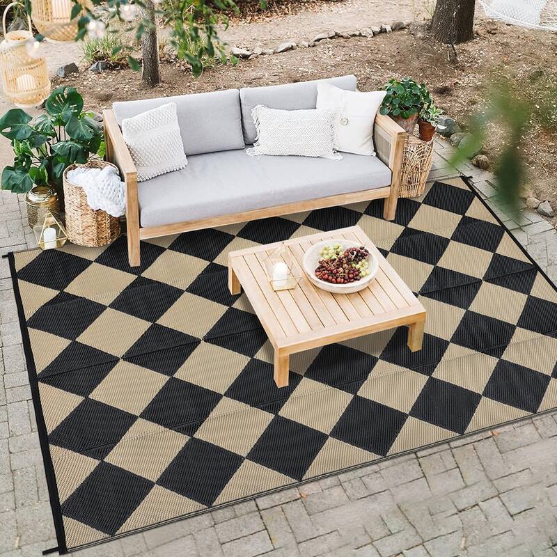 Outdoor Rug Waterproof Reversible Rug Plastic Straw Rug Checkered Floor Mat Outside Carpet for Camping RV Backyard Patio