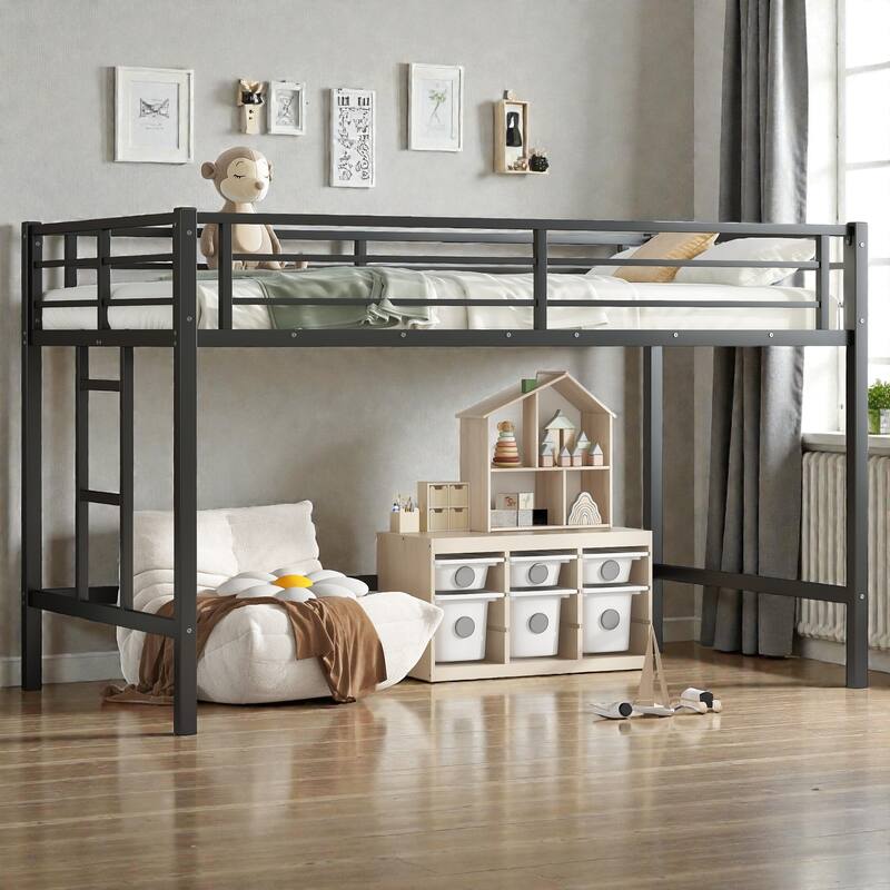 Twin Metal Loft Bed with Ladder and Guardrails, Space Saving Loft Bed Frame for Kids and Teens - Black - Twin