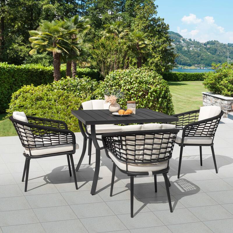 Outdoor Aluminum Dining Set with Powder-Coated Frame, Beige - 5pcs set