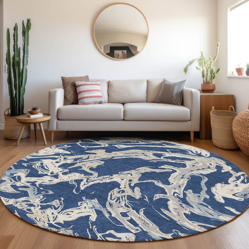Machine Washable Indoor/ Outdoor Modern Wave Chantille Rug - Navy - 8' x 8'