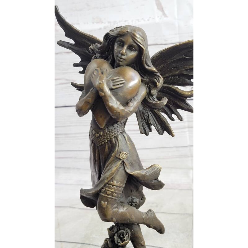 Fairy Angel Girl Clutching Heart Bronze Sculpture Statue Figure Love Valentine Decor