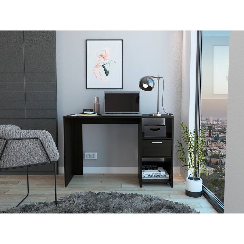 Freestanding Rectangular Computer Desk with Storage Drawer, Open Compartments, and Sleek Modern Design