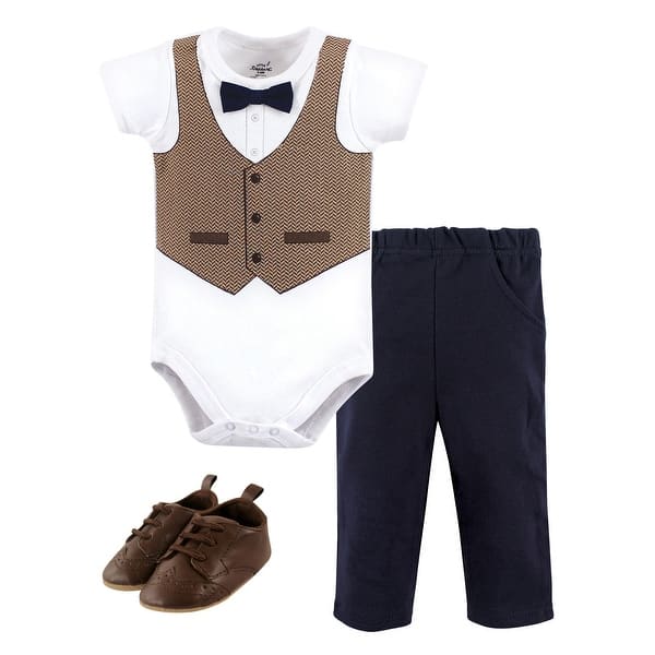 slide 1 of 1, Little Treasure Baby Boy Cotton Bodysuit, Pant and Shoe 3pc Set, Herringbone Vest Short-Sleeve 0-3 Months - Herringbone Vest Short-Sleeve