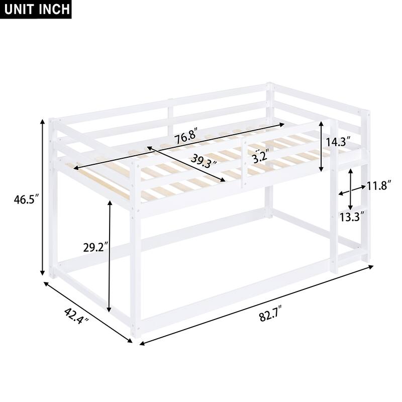 White Pine Wood Twin over Twin Low Floor Bunk Bed Sturdy Wood Bunk