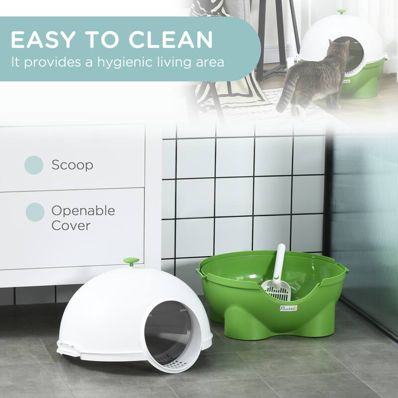 PawHut Hooded Cat Litter Box, Large Kitty Litter Pan with Lid, Scoop, Leaking Sand Pedal, Top Handle, Dark Green