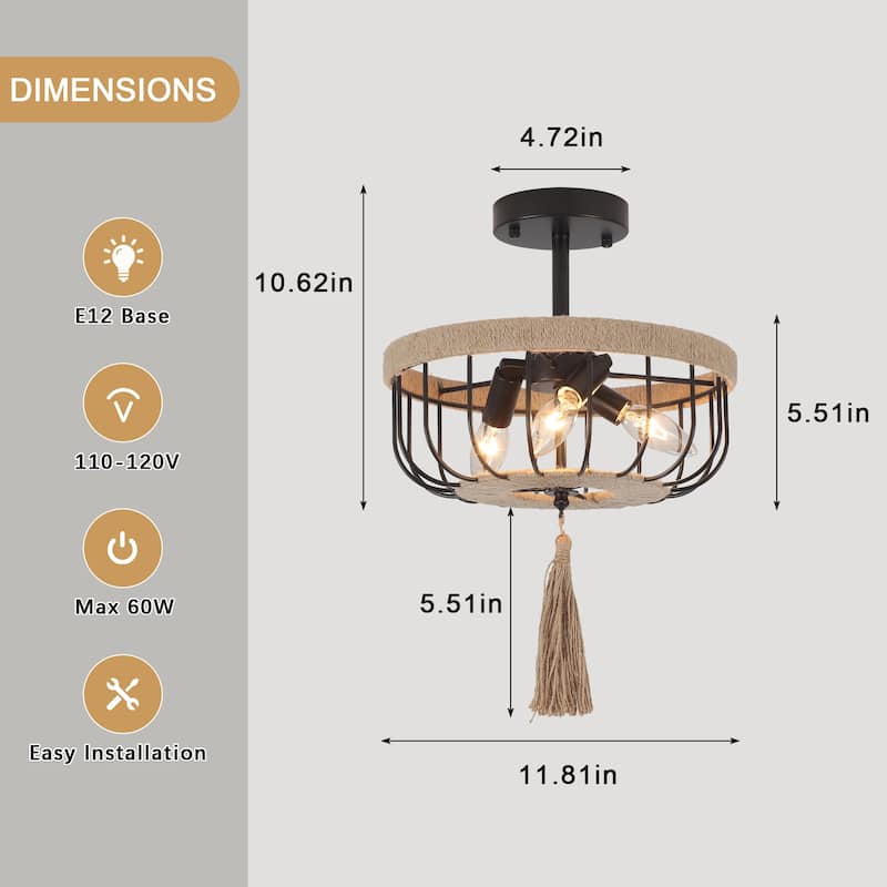 3-Light Classic Hanging Linear Chandelier Light Ceiling Light with Hemp Rope Shade for Kitchen Island