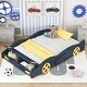 preview thumbnail 1 of 26, Playful Design Race Car-Shaped Full Size Platform Bed with Wheels,Sturdy Wood Construction and Storage Space Dark Blue+Yellow