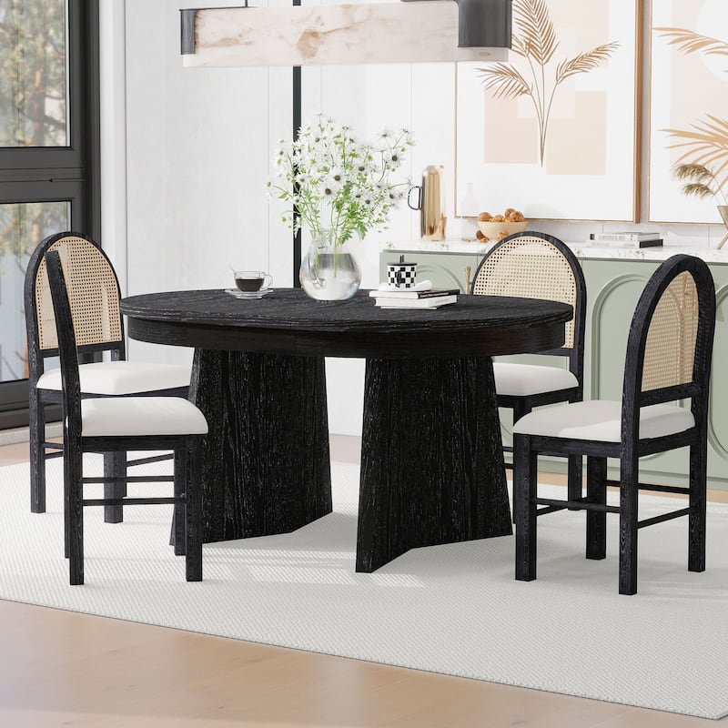 5-Piece Round Dining Table Set for 4, Retro Extendable dining table set with 4 Upholstered Chairs, Kitchen Table and Chairs Set - Espresso