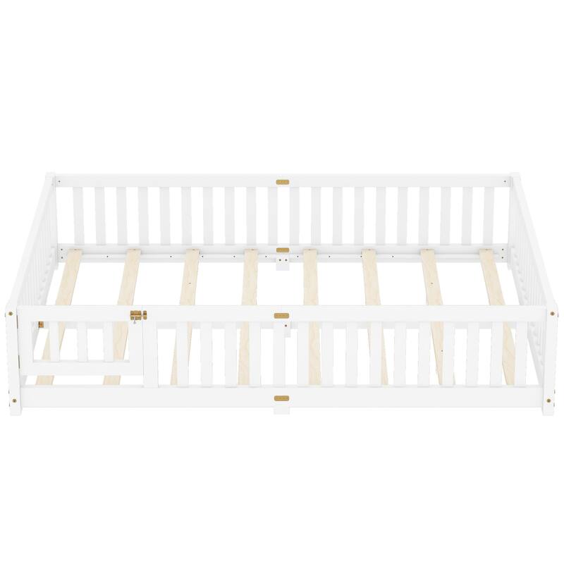 White Queen Size Pine Wood Floor Bed with Safety Guardrails and Door for Kids, Boys, Girls, Bedroom