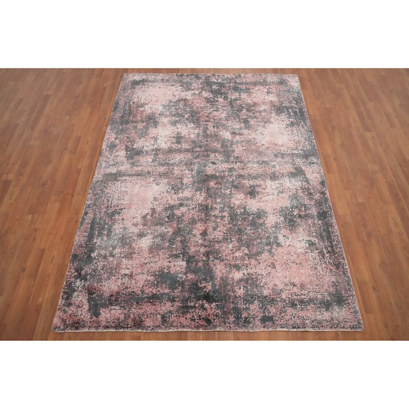 Hand Knotted Oriental Viscose Silk Carpet Modern Abstract Pink Abstract Area Rug - 7' 6'' X 5' 7''