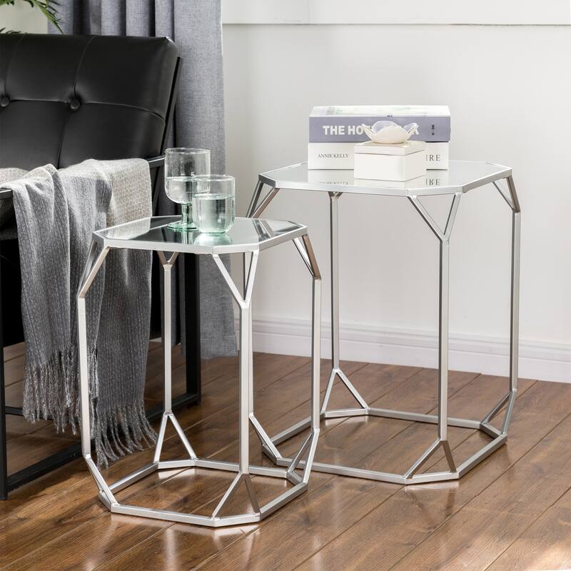 Glitzhome Set of 2 Glam Glass Modern Square/Octagon Gold/Silver Side Table Sofa Table