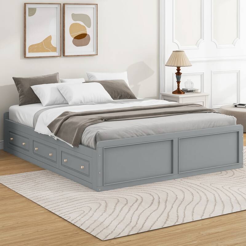 Queen Size Storage Bed Frame with 6 Drawers Low Profile Platform Bed