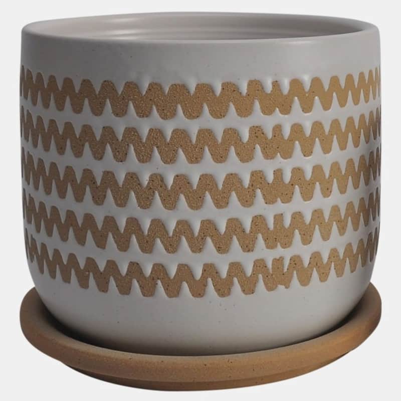 Ceramic Zig Zag Planters With Saucers 6" White and Brown Set of 2
