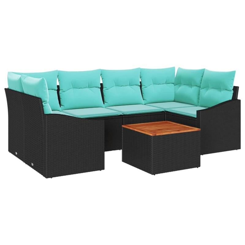vidaXL 7 Piece Garden Sofa Set with Cushions Black Poly Rattan Acacia - 92.1×48.6×27.2