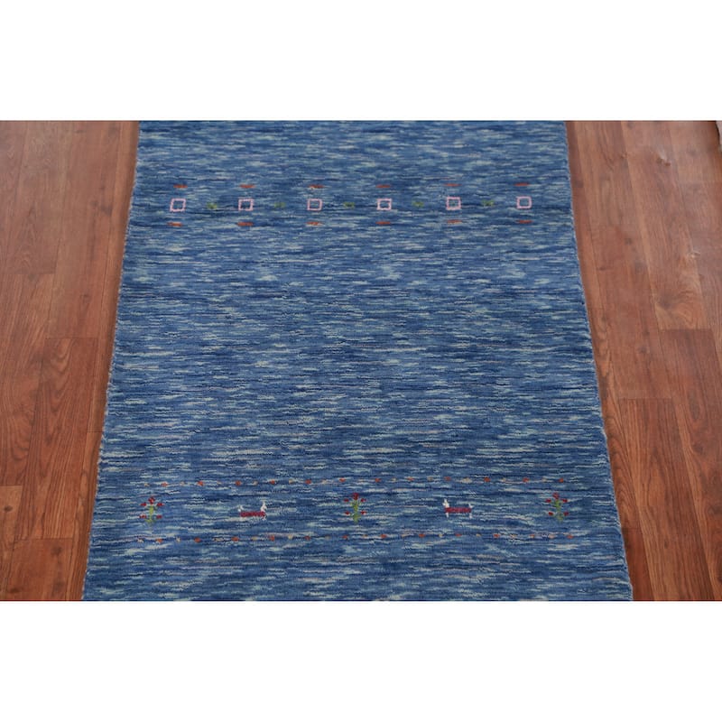 Hand Knotted Oriental 100% Wool Carpet Tribal Tribal Navy Blue & Blues Gabbeh Runner Rug - 9' 9'' X 2' 7''