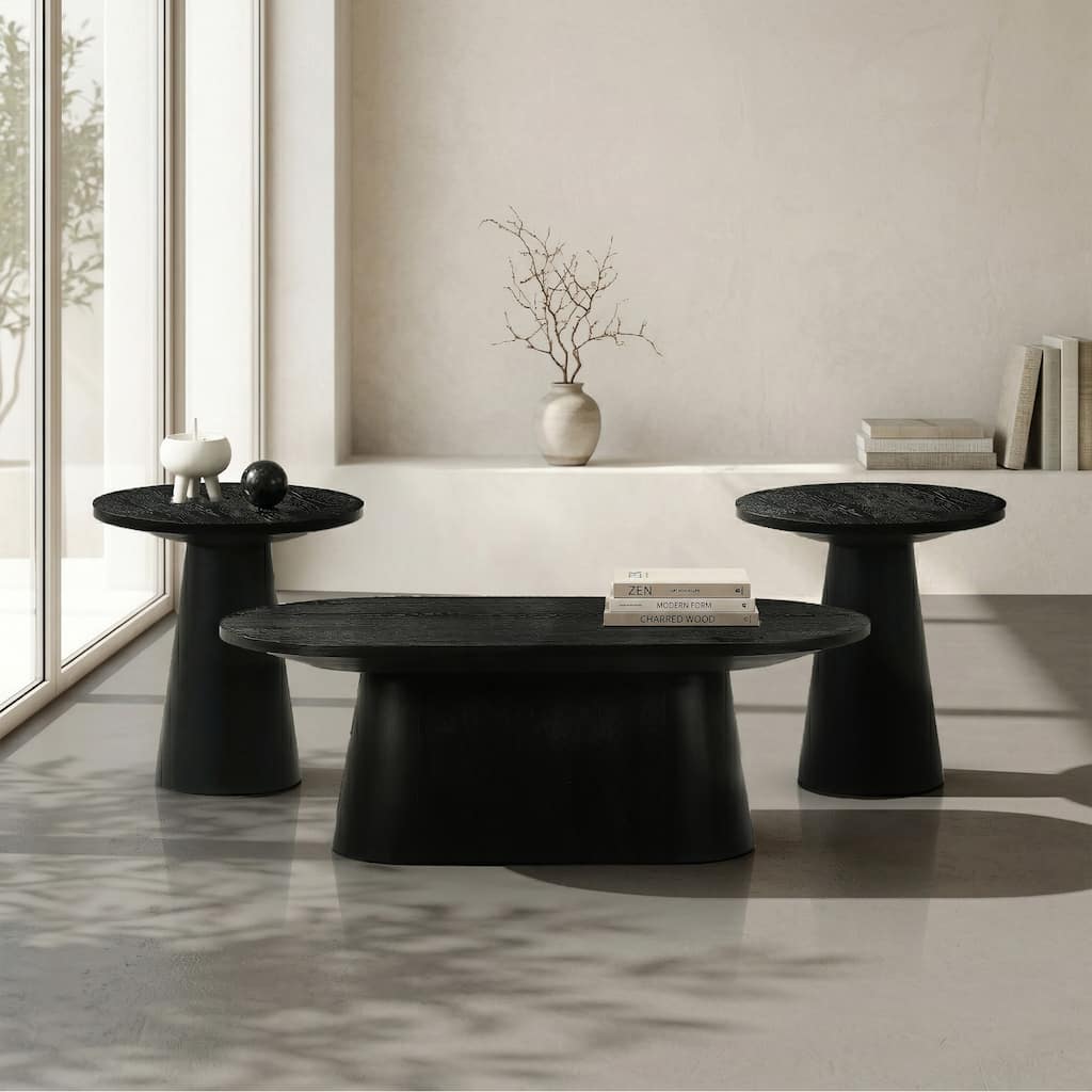 Furniture of America Vitten Modern 3-Piece Solid Wood Cone-Shaped Pedestal Base Oval Cocktail Table and 2 End Tables Set