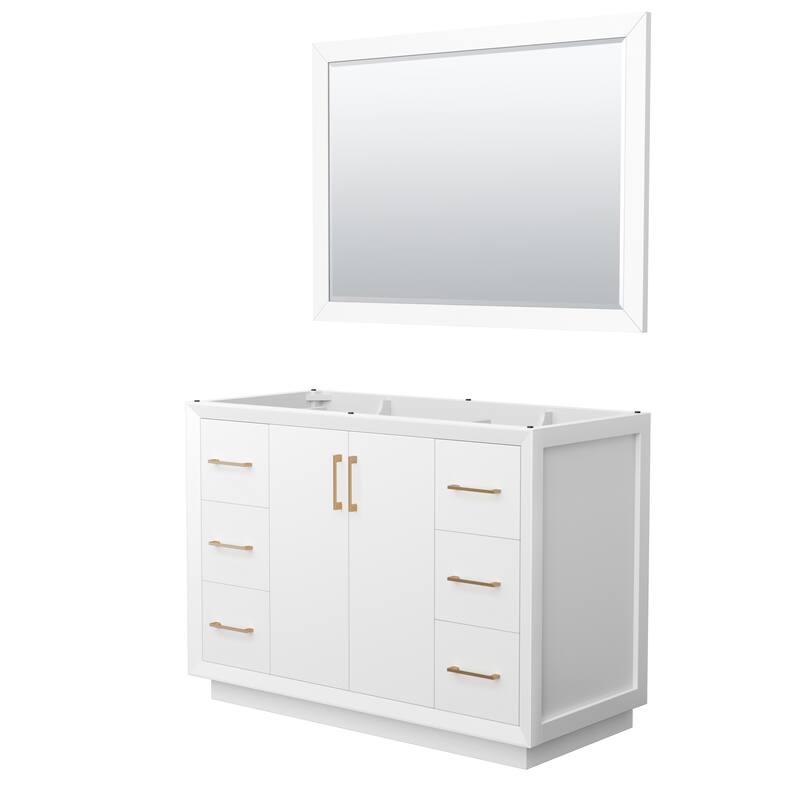 Strada 48-Inch Single Vanity Cabinet, 46-Inch Mirror - White, Satin Bronze Trim, No Top