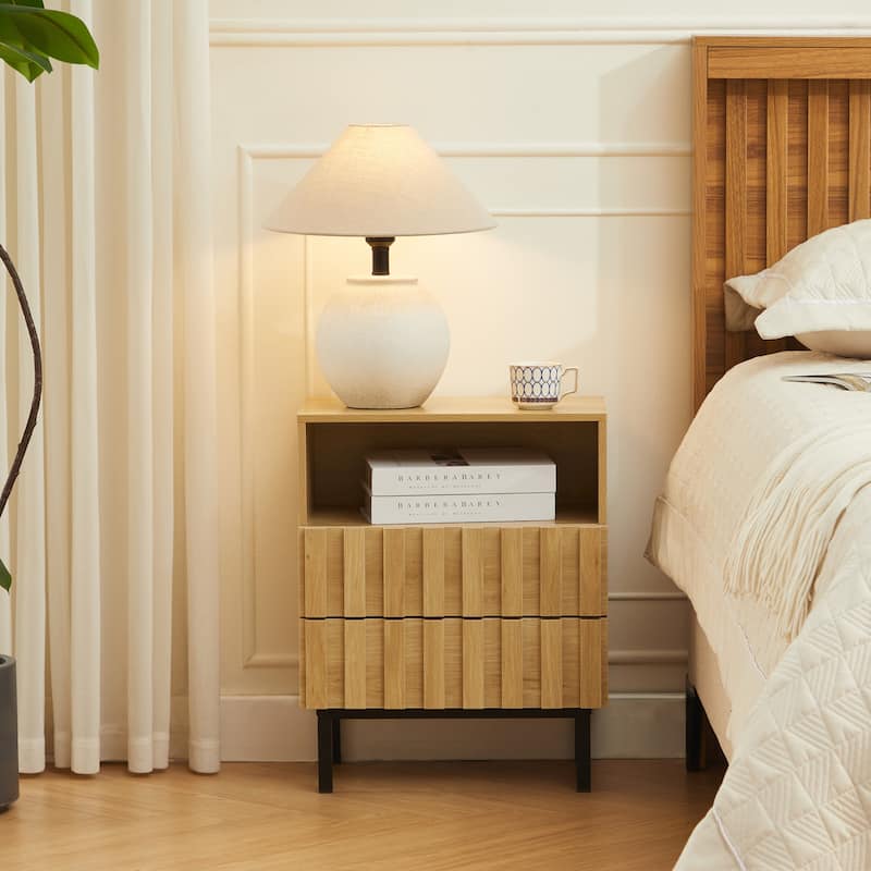 Mid Century Woodgrain Nightstand Pair 2 Drawers Bedside Table