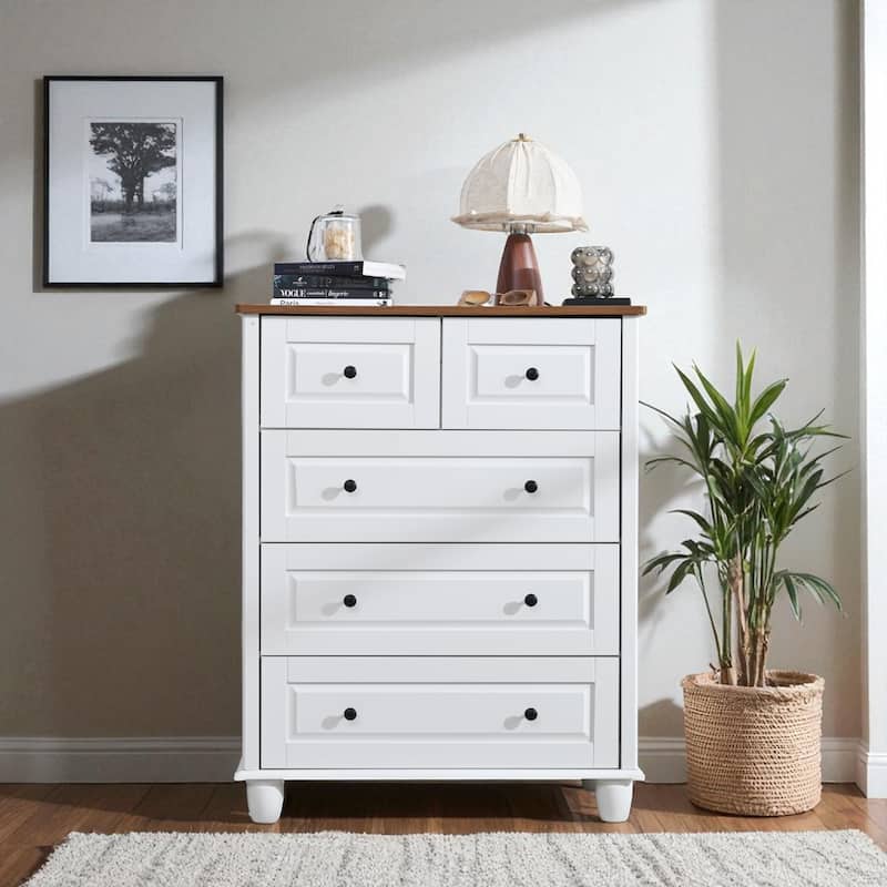 White 5 Drawer Dresser, Tall Chest of Drawers with Wide Top, Wood Storage Cabinet for Bedroom, Hallway, Office - White
