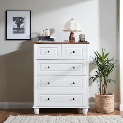 White 5 Drawer Dresser, Tall Chest of Drawers with Wide Top, Wood Storage Cabinet for Bedroom, Hallway, Office