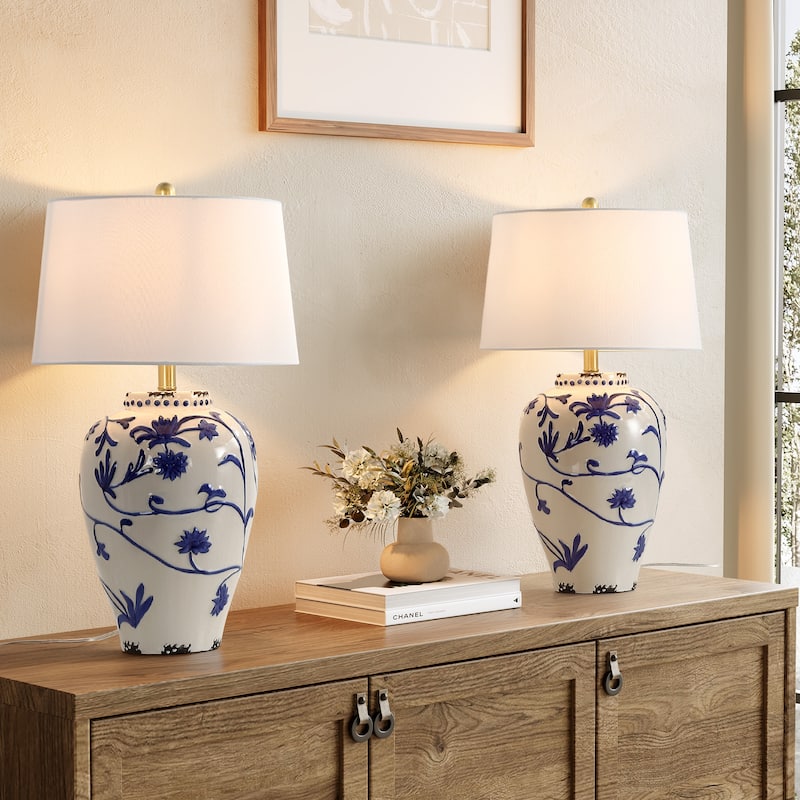 Blue and White Porcelain Table Lamp with Linen Shade - 13'' W × 13'' D × 26'' H
