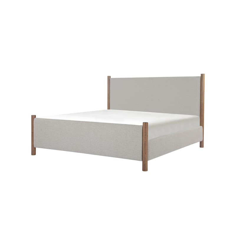NADAAL STUDIOS Mirelda Beige Upholstered King Four-Poster Bed with Rustic Rubberwood Legs