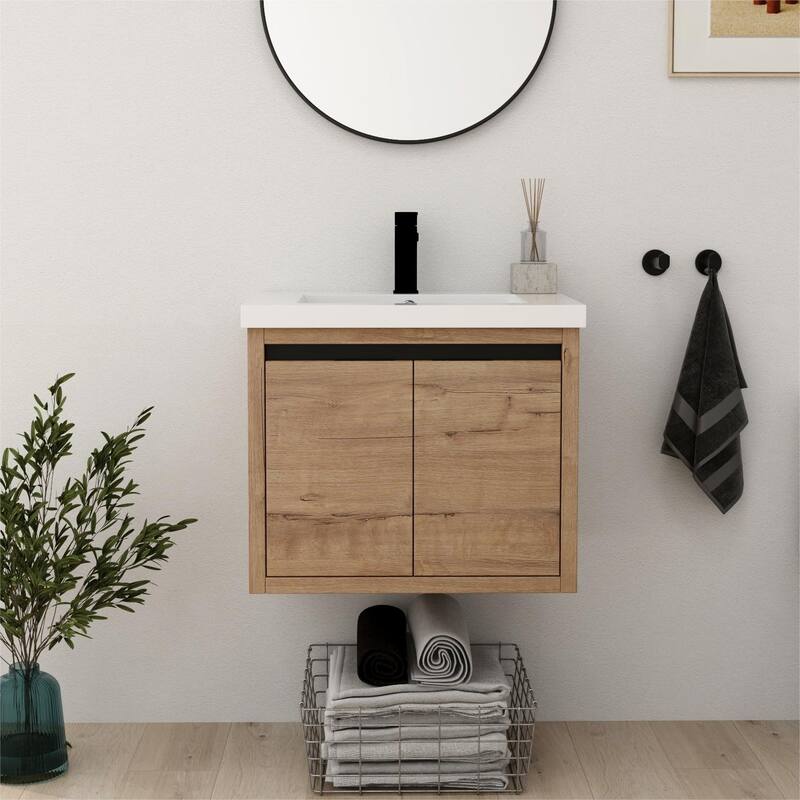 Bathroom Vanity With Sink In 24 Inch, Floating Bathroom Vanity With Soft Close Door - 23.62"W-Assembly Required - Imitative Oak